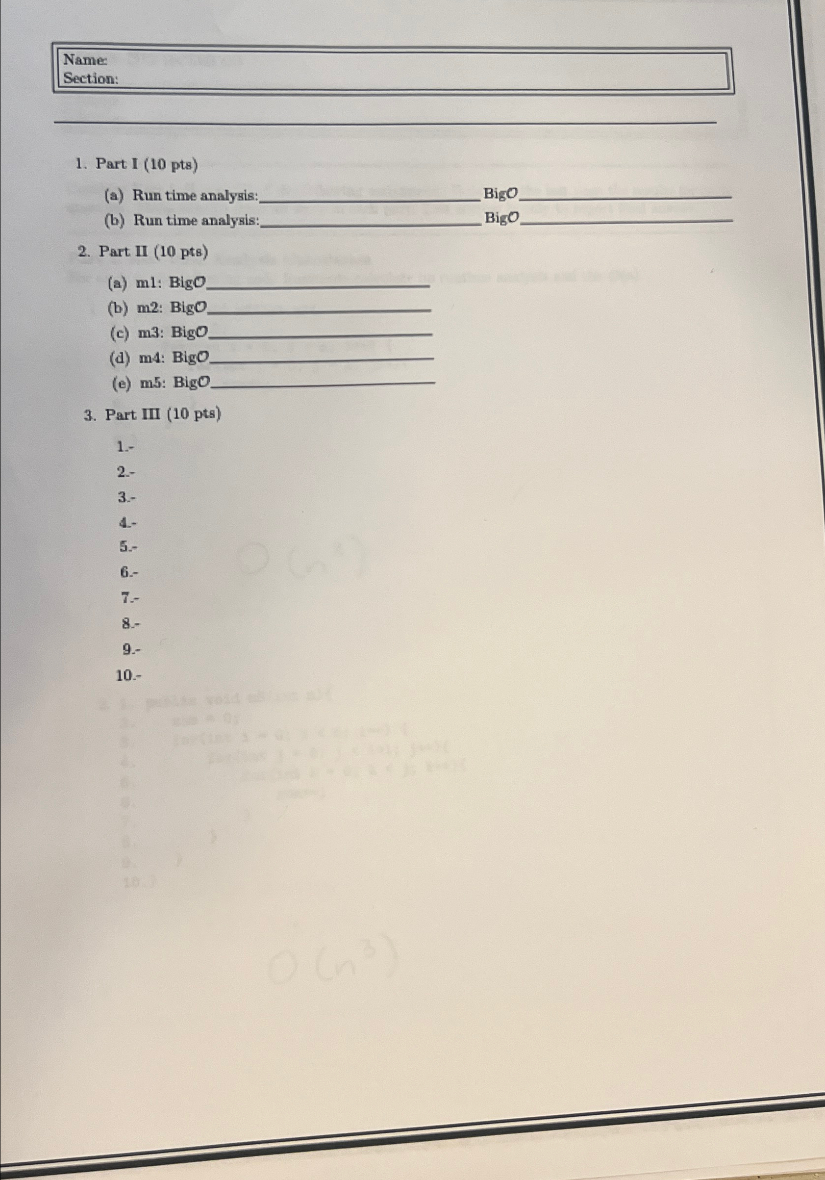 Part I ( 1 0 pts ) ( a ) Run time analysis: -