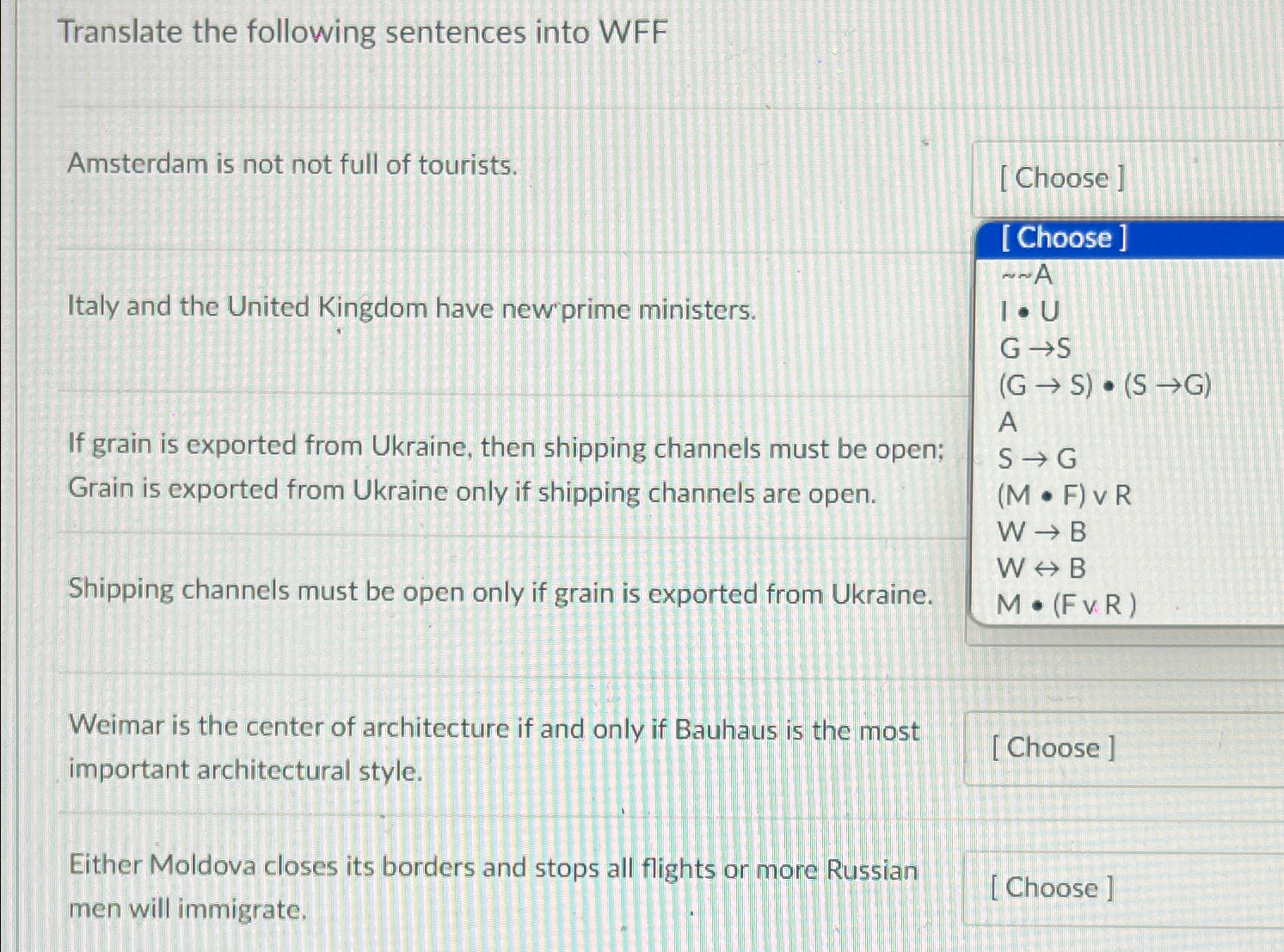 Translate the following sentences into WFF