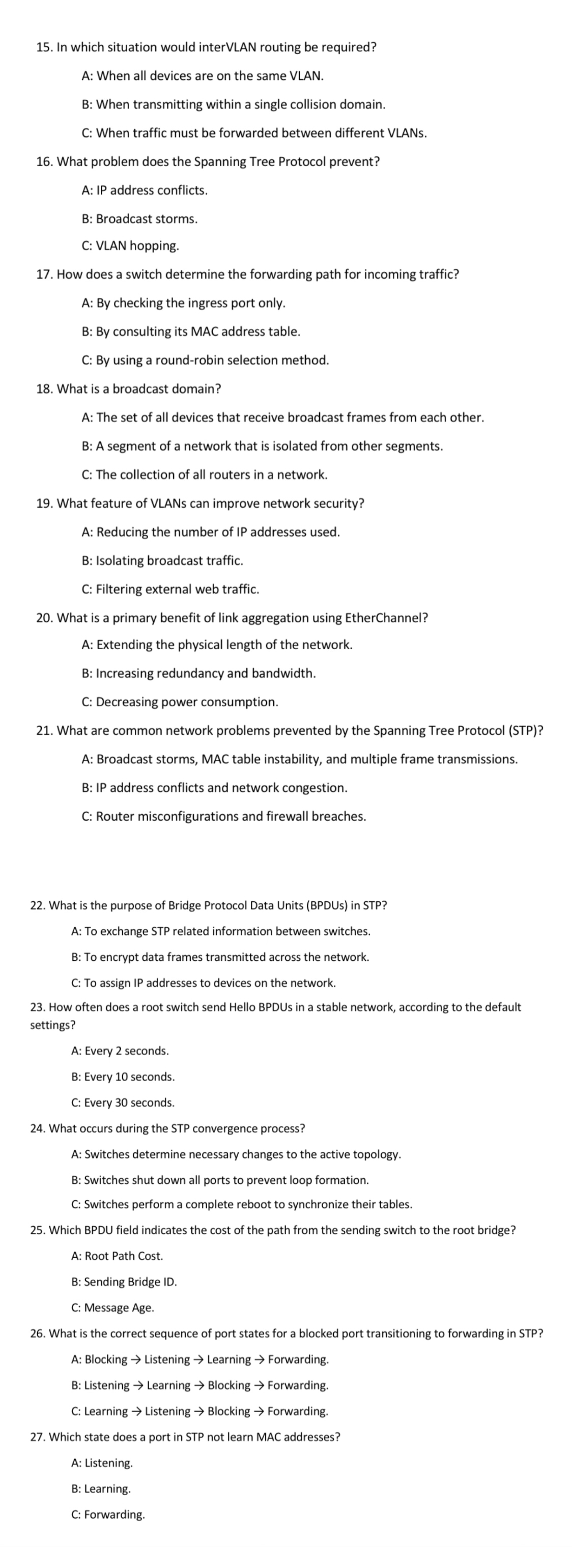 MCQ exercises ( 1 5 - 2 7 ) about switching, LAN,