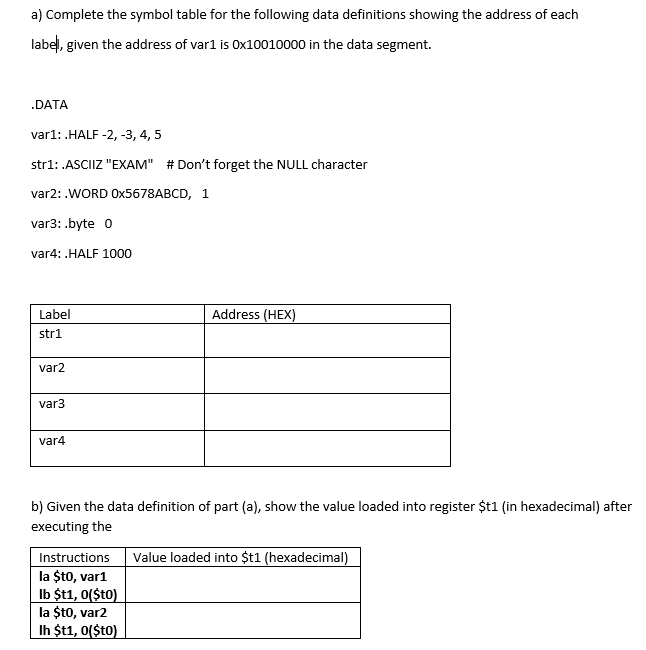 a ) Complete the symbol table for the following