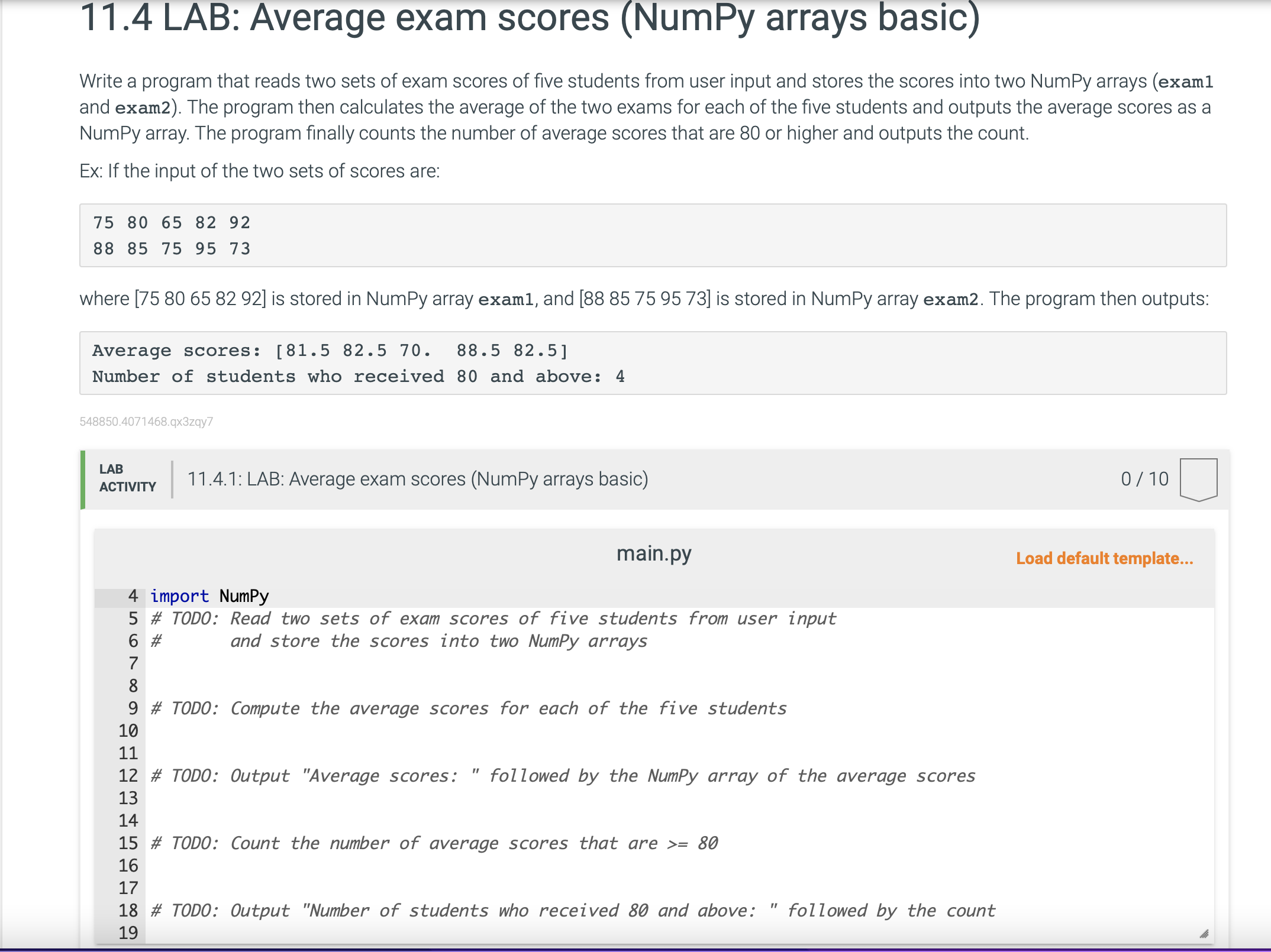 1 1 . 4 LAB: Average exam scores ( NumPy arrays