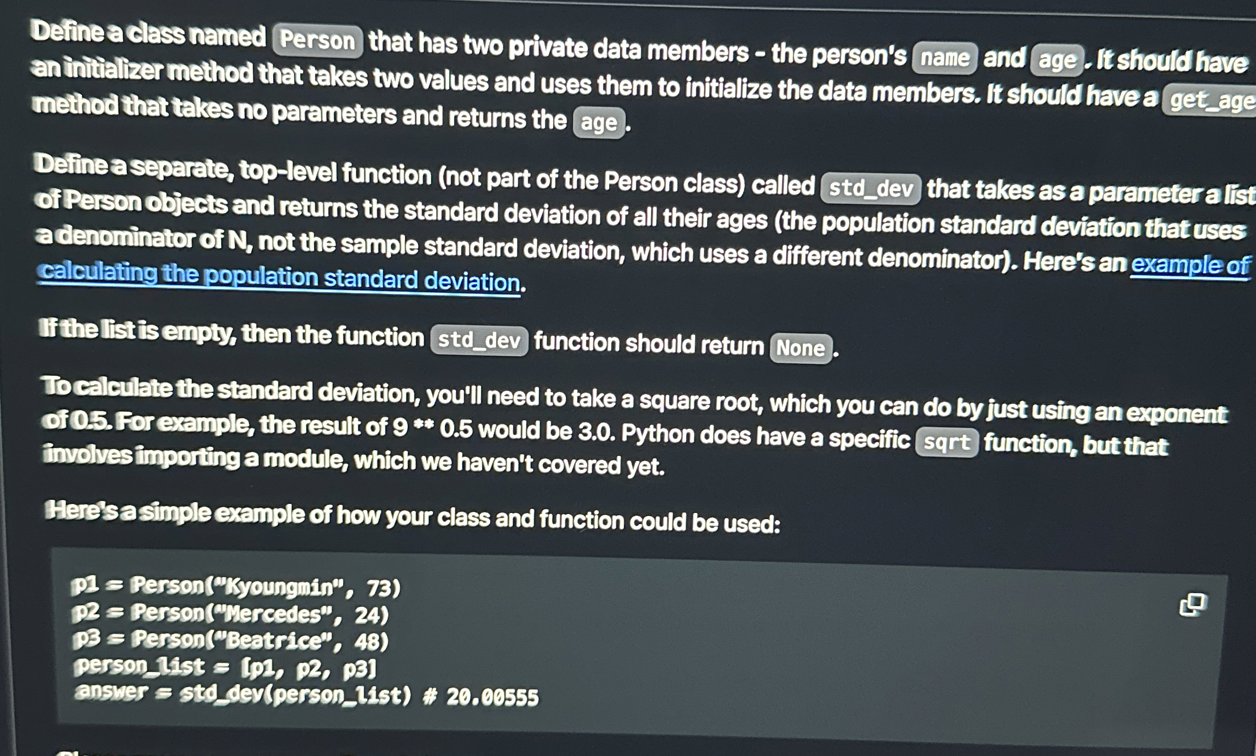 Dafine a class named Person that has two private