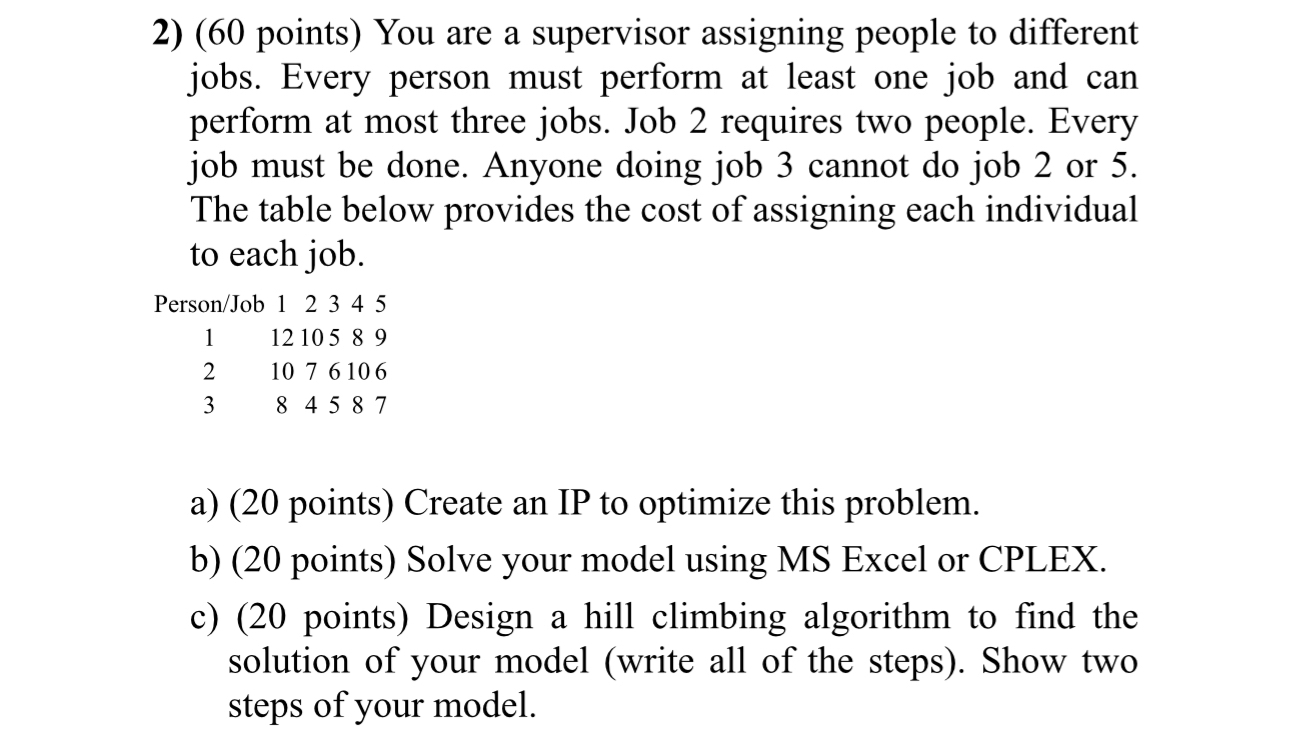 ( 6 0 points ) You are a supervisor assigning