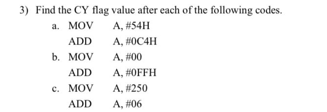 Find the CY flag value after each of the