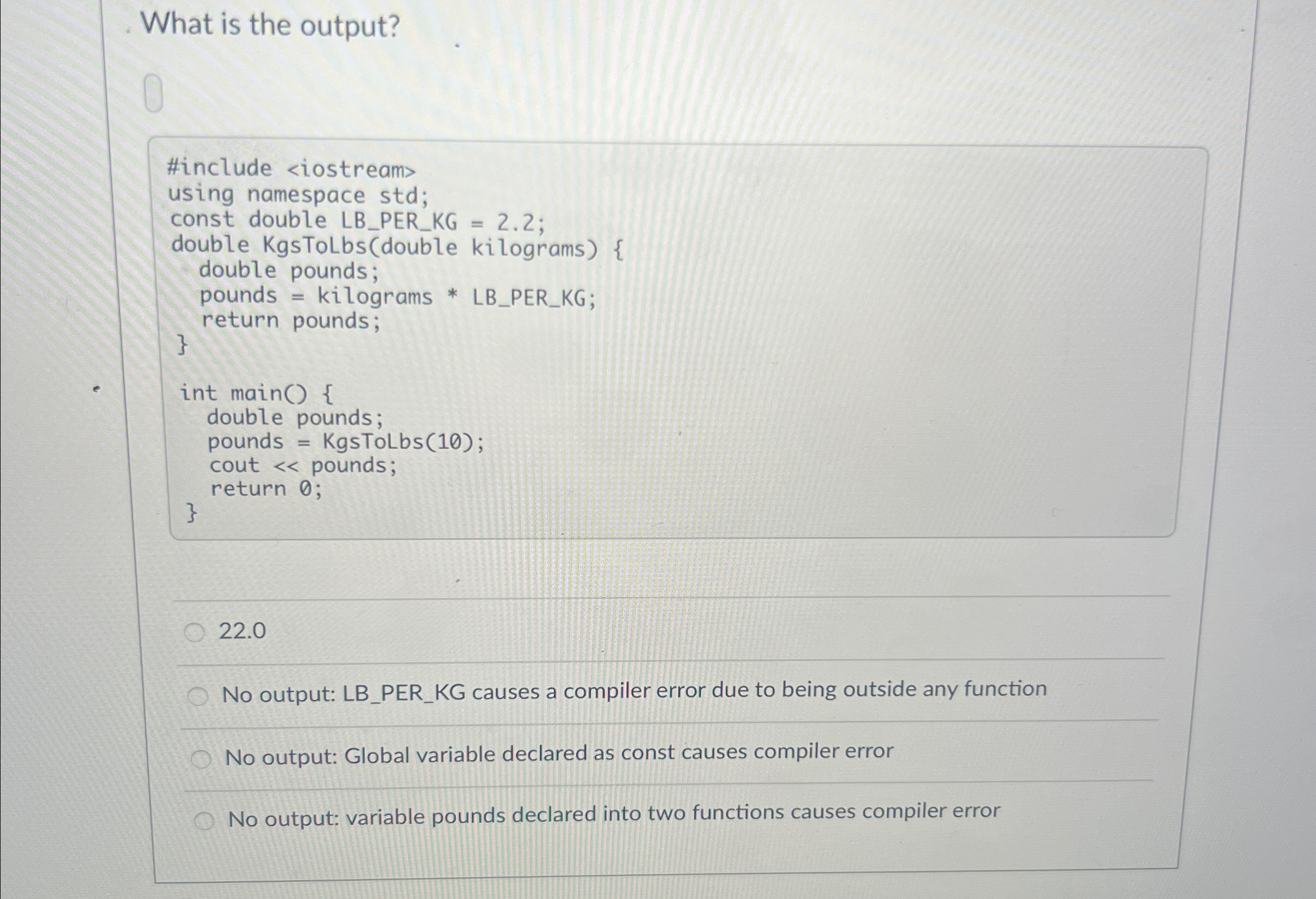 What is the output? 2 2 . 0 No output: LB _ PER _