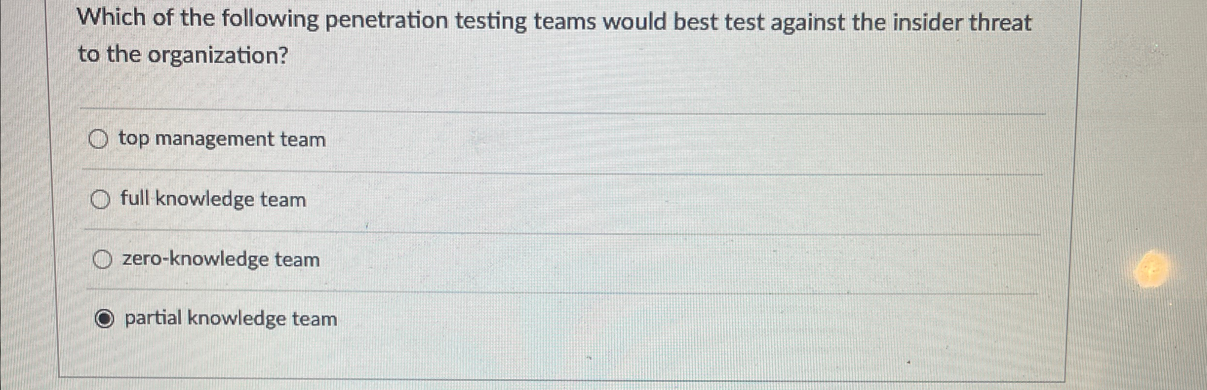 Which of the following penetration testing teams