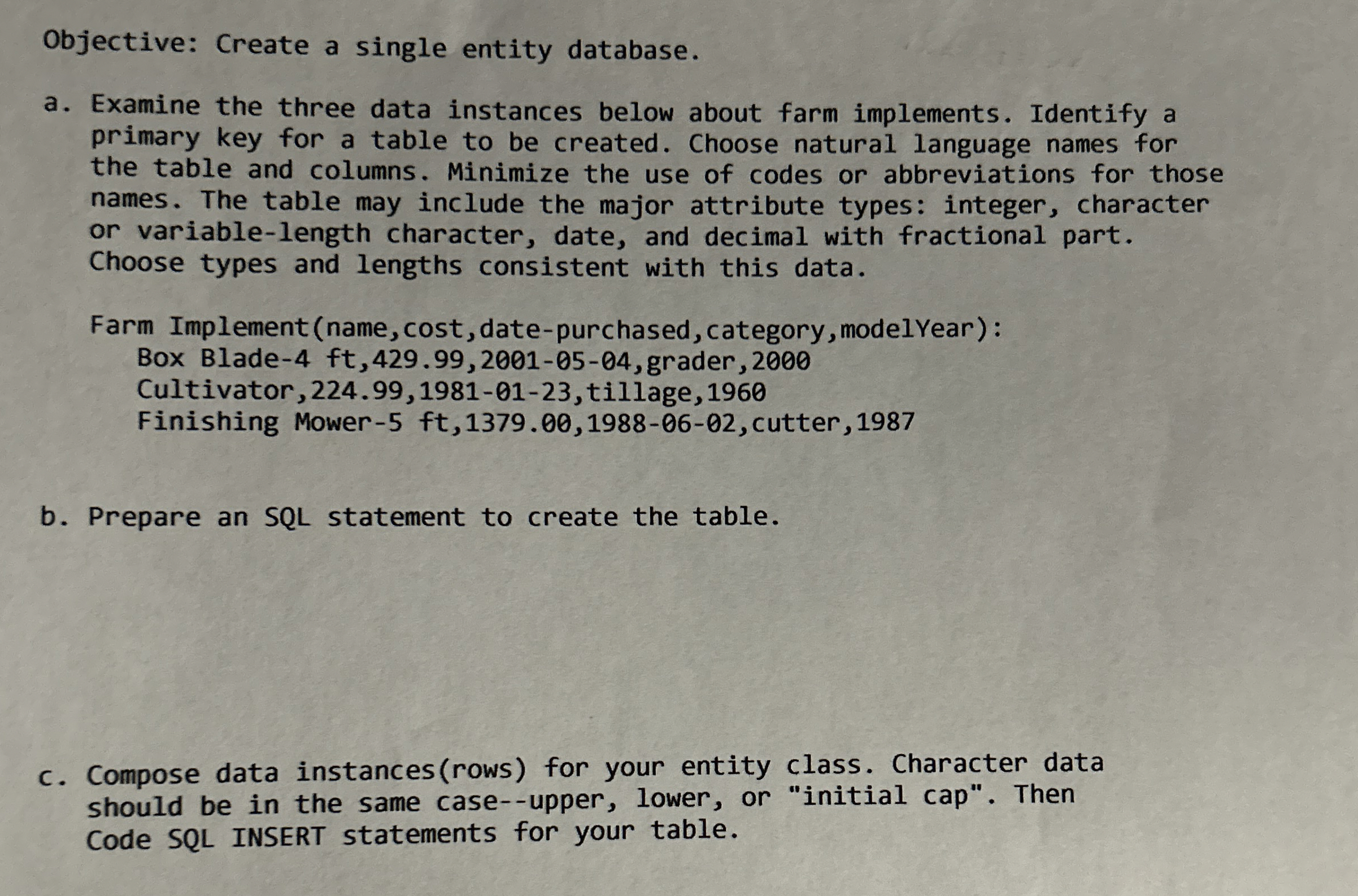 Objective: Create a single entity database. a .
