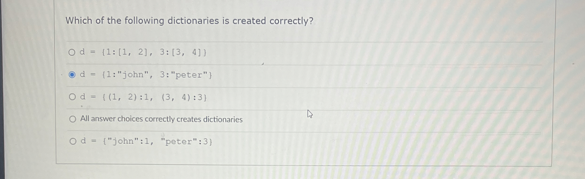 Which of the following dictionaries is created