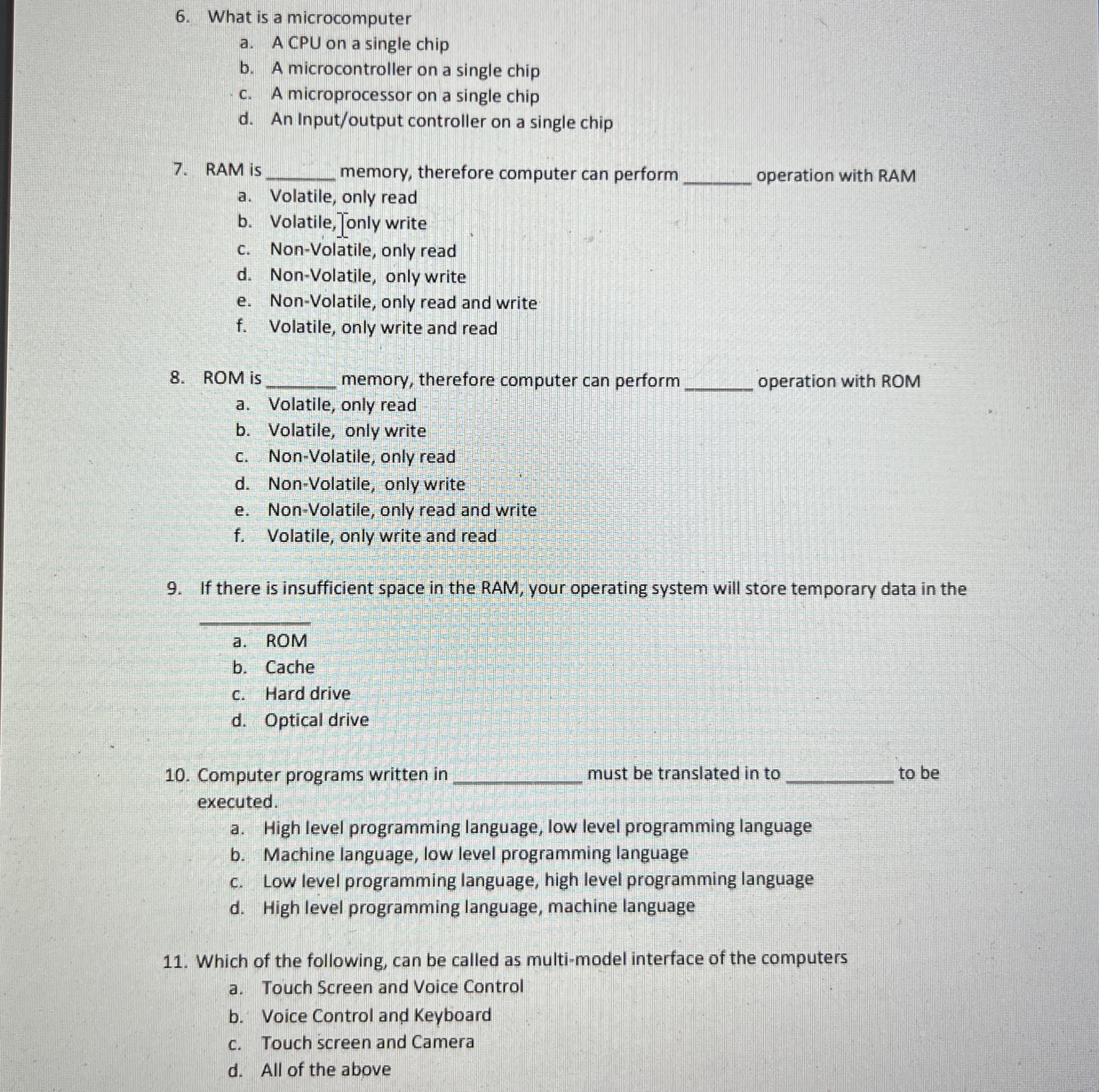 What is a microcomputer a . A CPU on a single