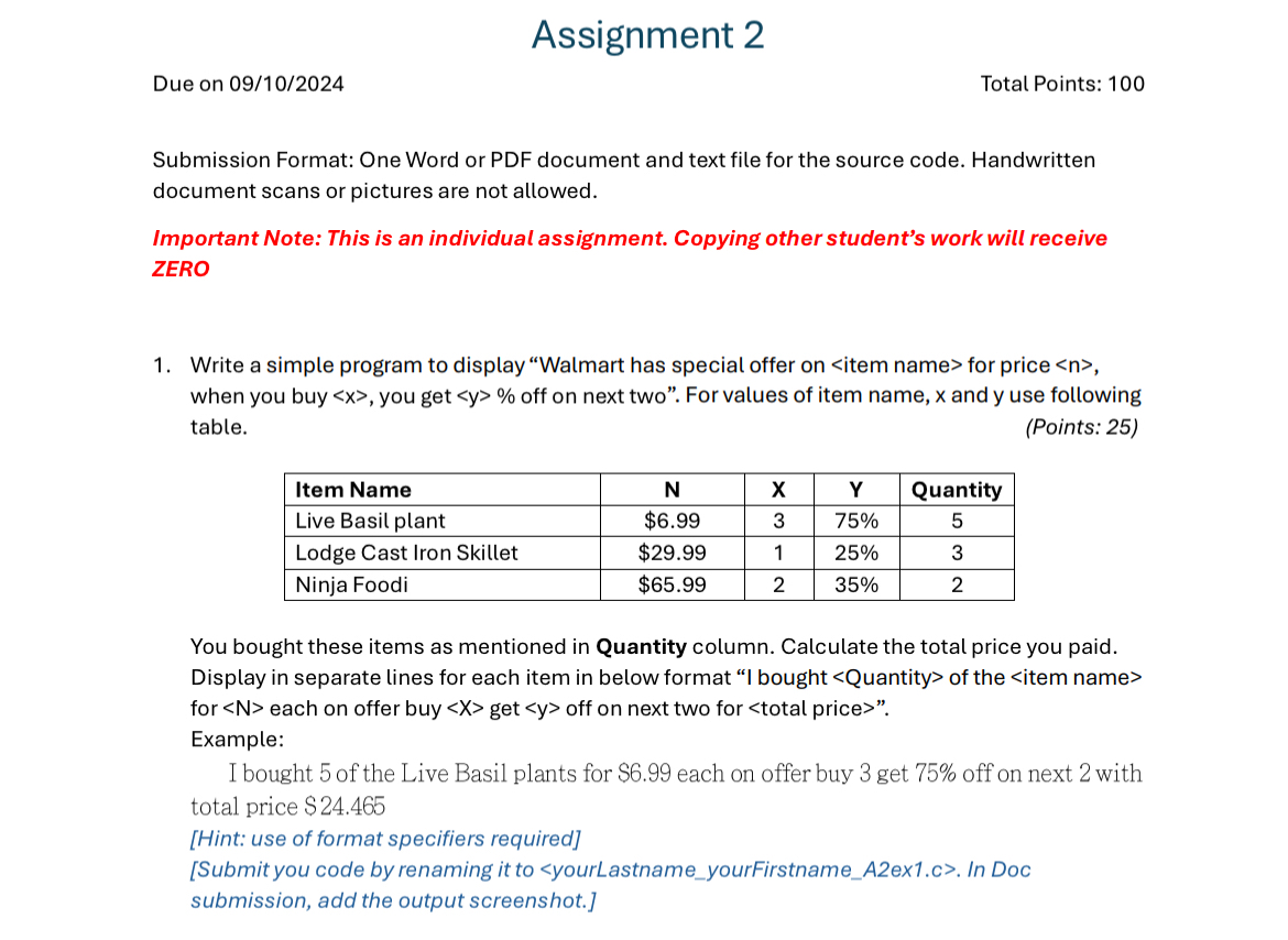 Assignment 2 C Programming Due on 0 9 / 1 0 / 2 0