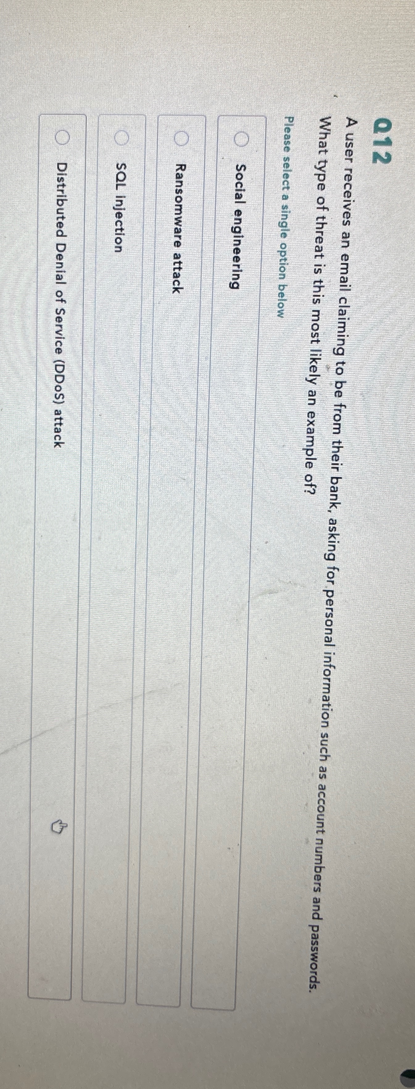 0 1 2 A user receives an email claiming to be