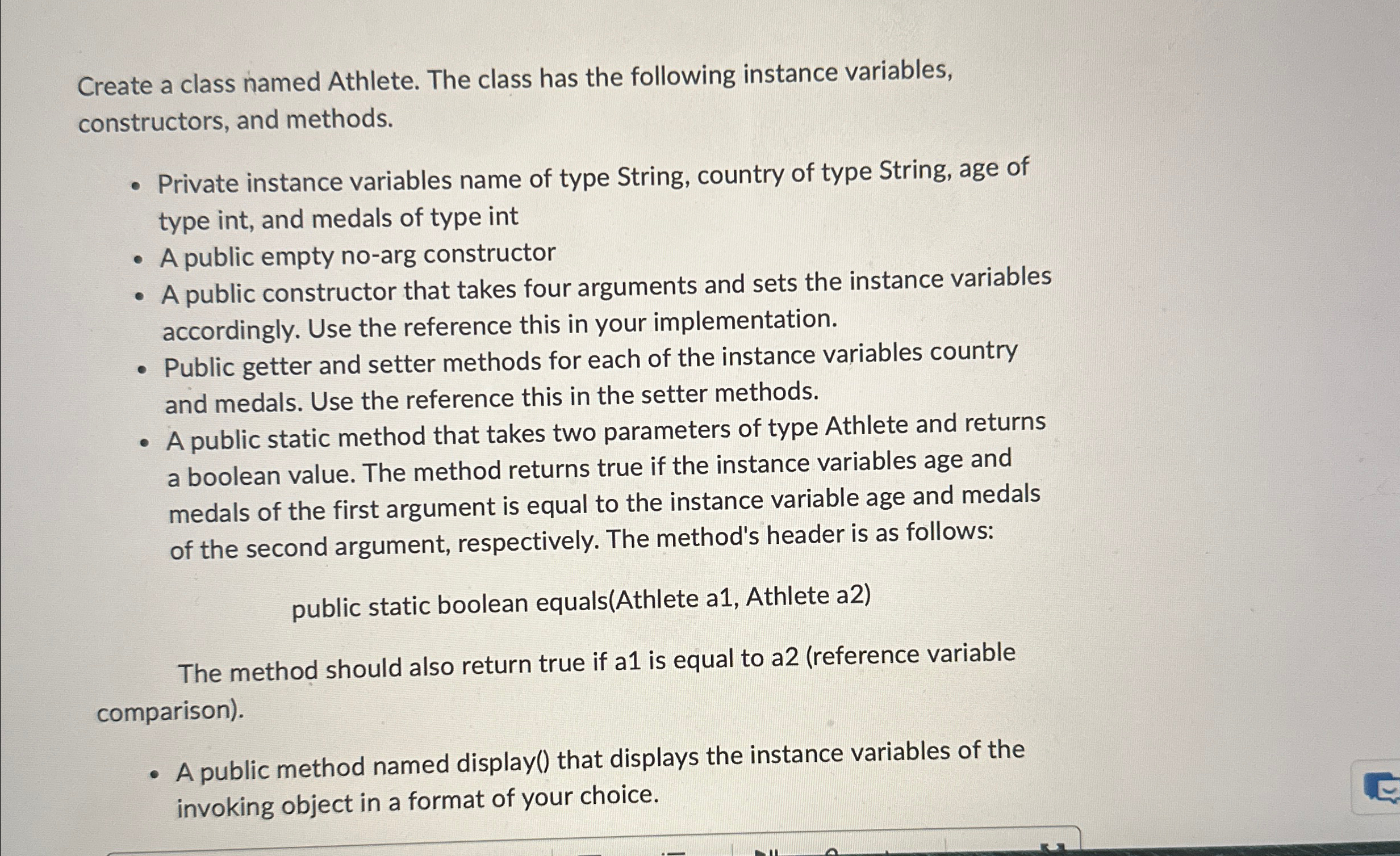 Create a class named Athlete. The class has the