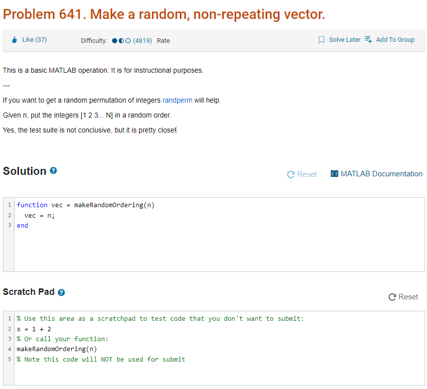 MATLAB Cody Problem 6 4 1 . Make a random, non -