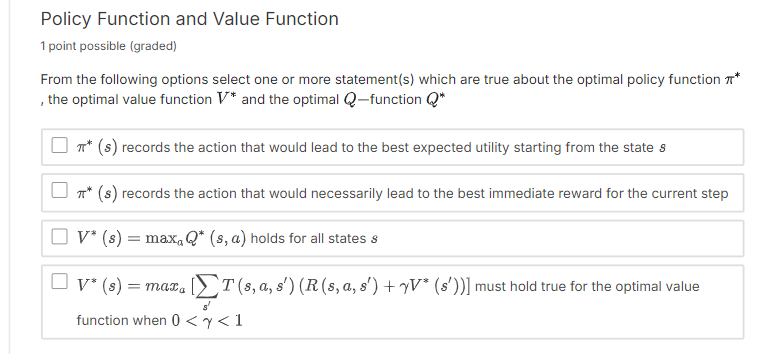 Policy Function and Value Function 1 point