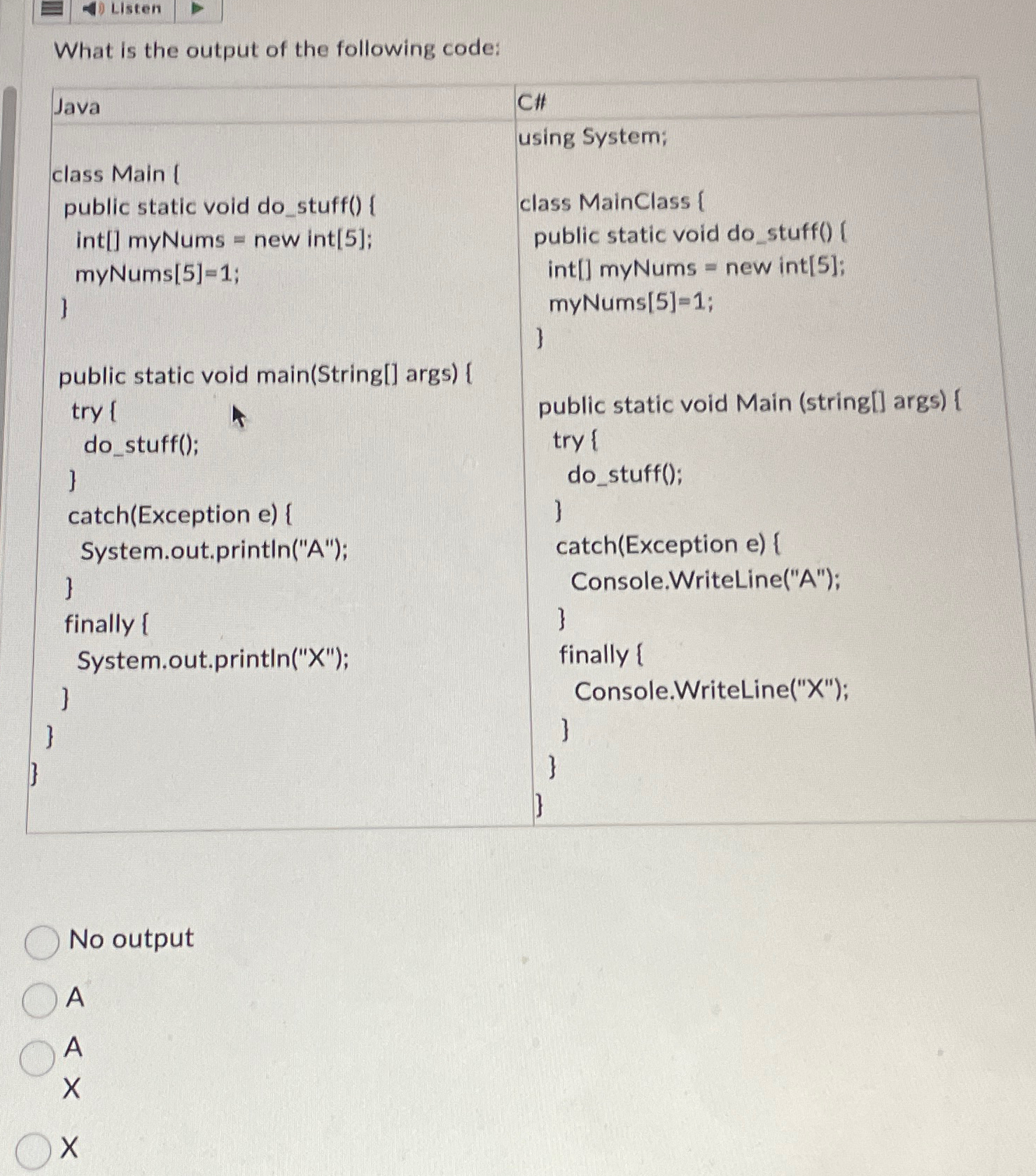 Listen What is the output of the following code: