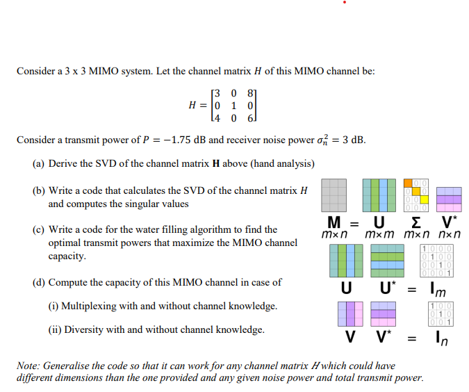 Consider a 3 x 3 MIMO system. Let the channel