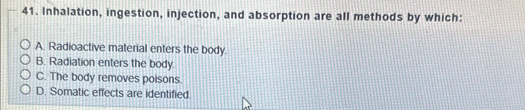 Inhalation, ingestion, injection, and absorption