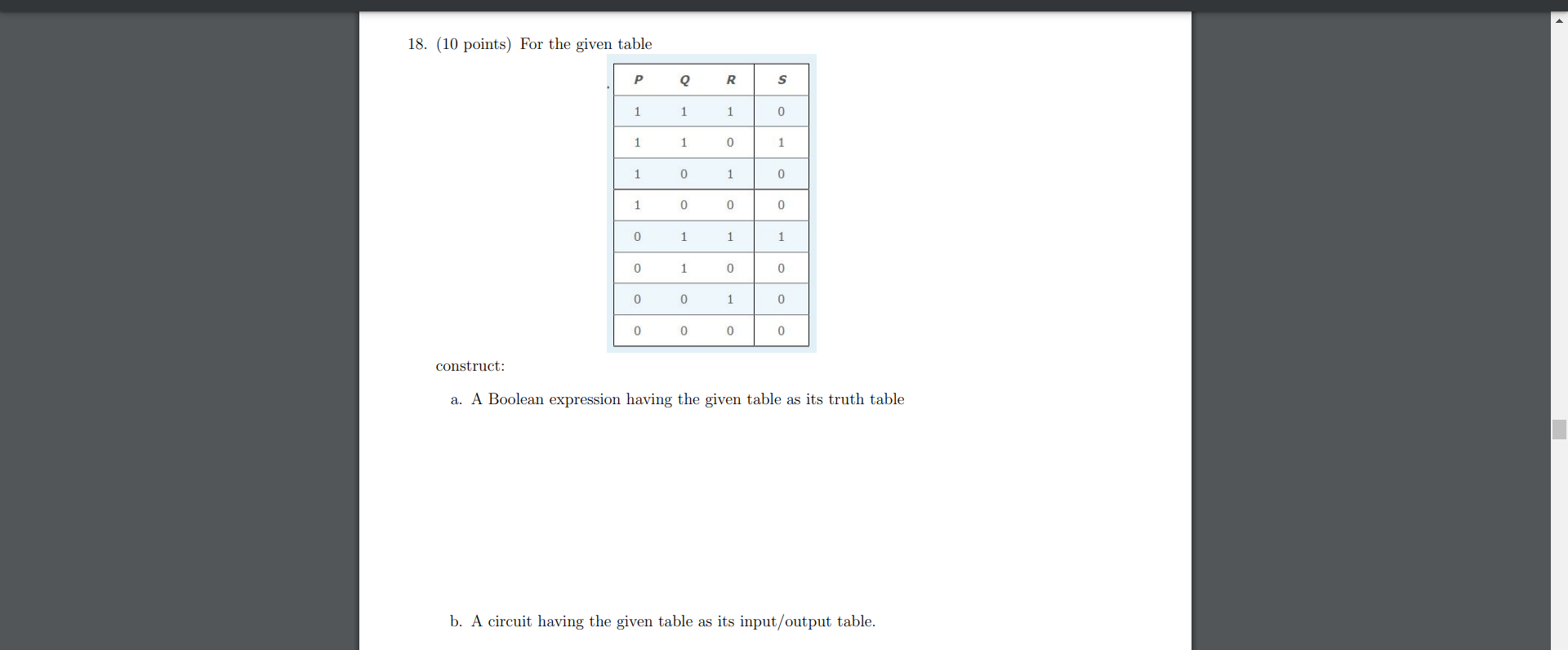 ( 1 0 points ) For the given table construct: a .