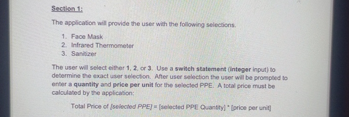 Section 1 : The application will provide the user