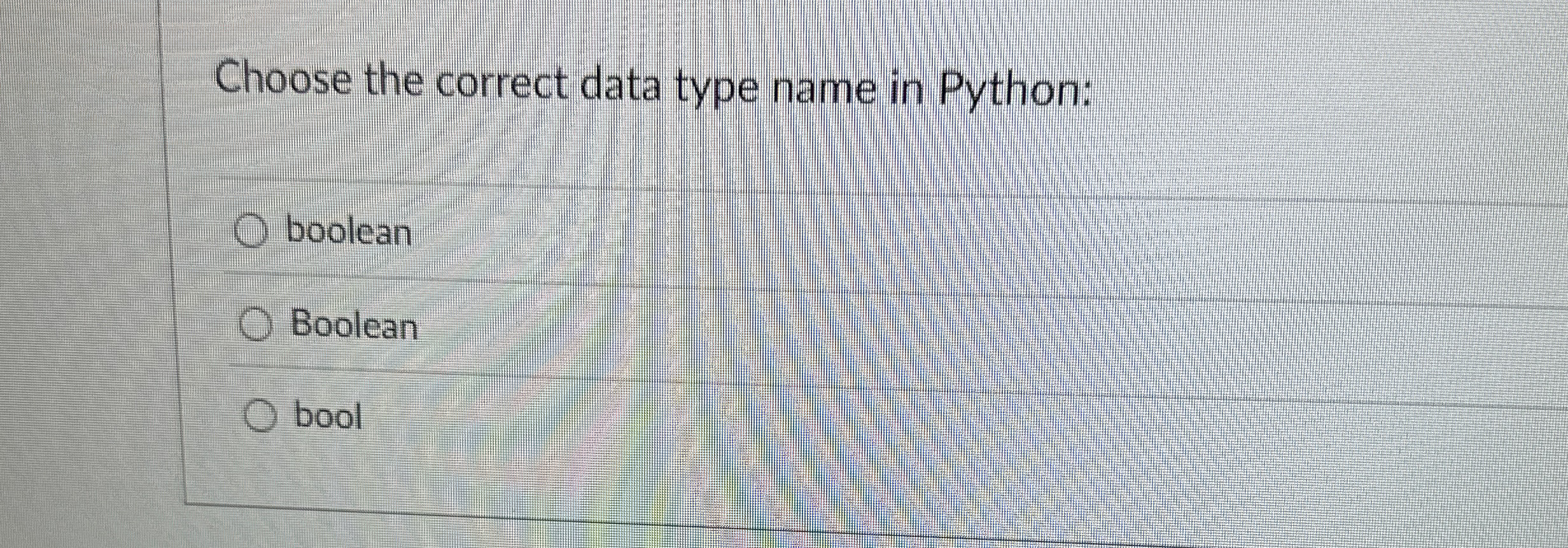 Choose the correct data type name in Python:
