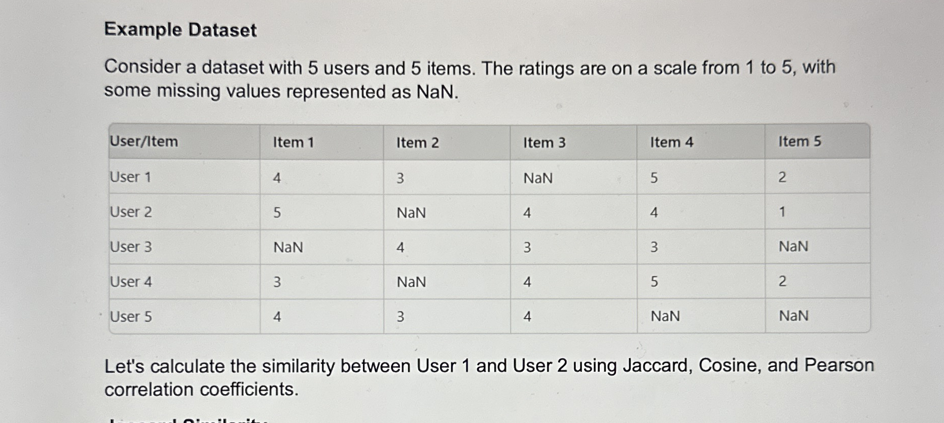Example Dataset Consider a dataset with 5 users