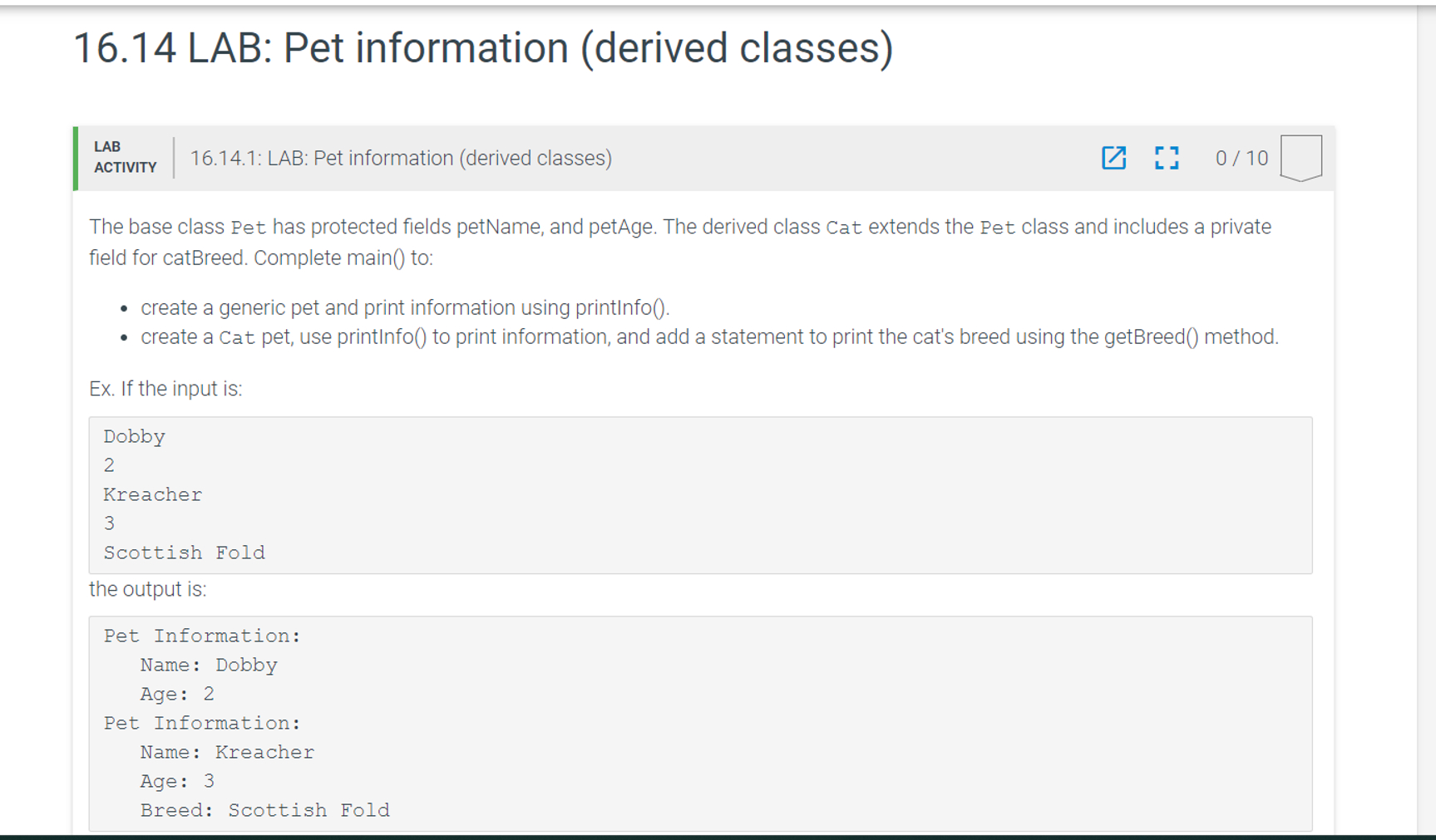 In java create the following lab
