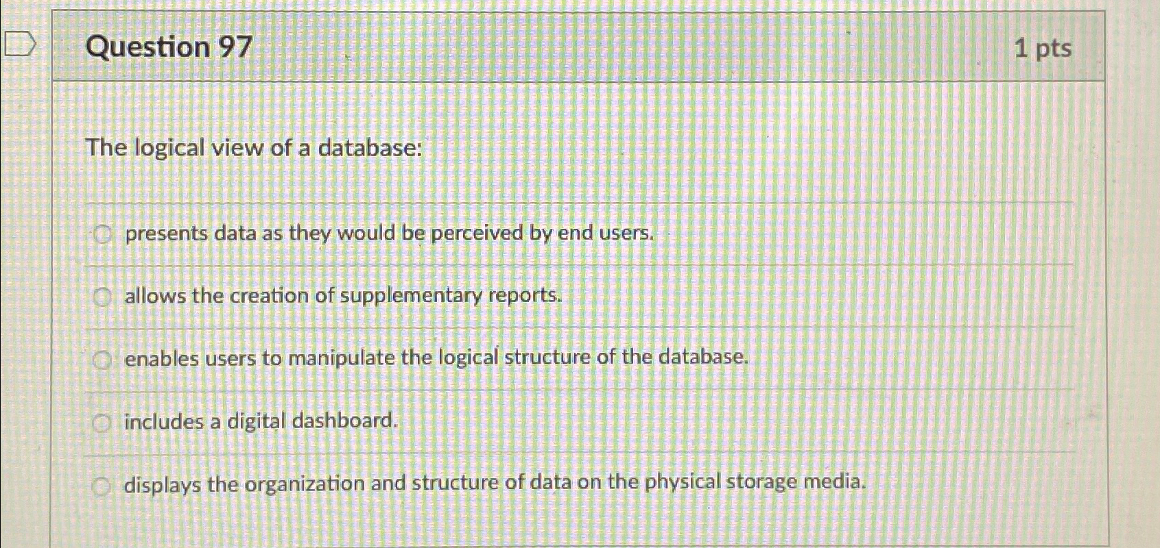 Question 9 7 1 p t s The logical view of a
