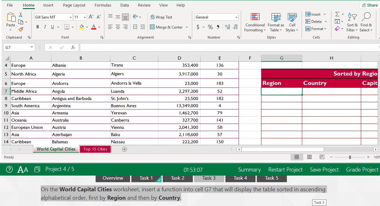Task 5 On the World Capital Cities worksheet,