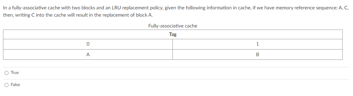 In a fully - associative cache with two blocks