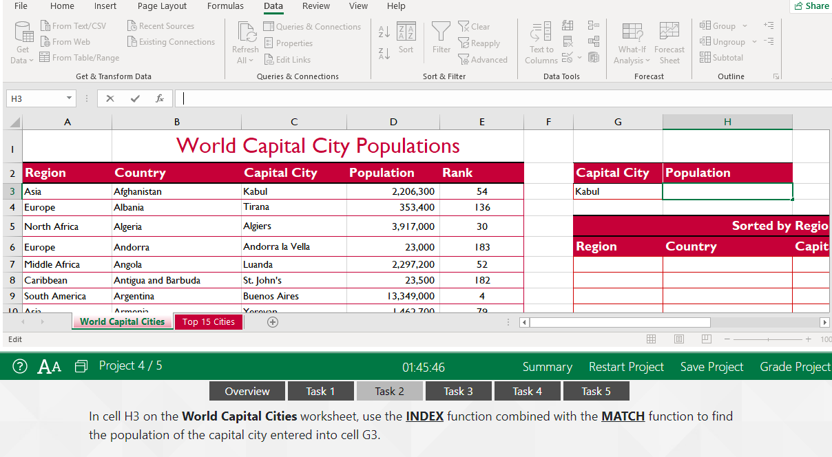 In cell H 3 on the World Capital Cities
