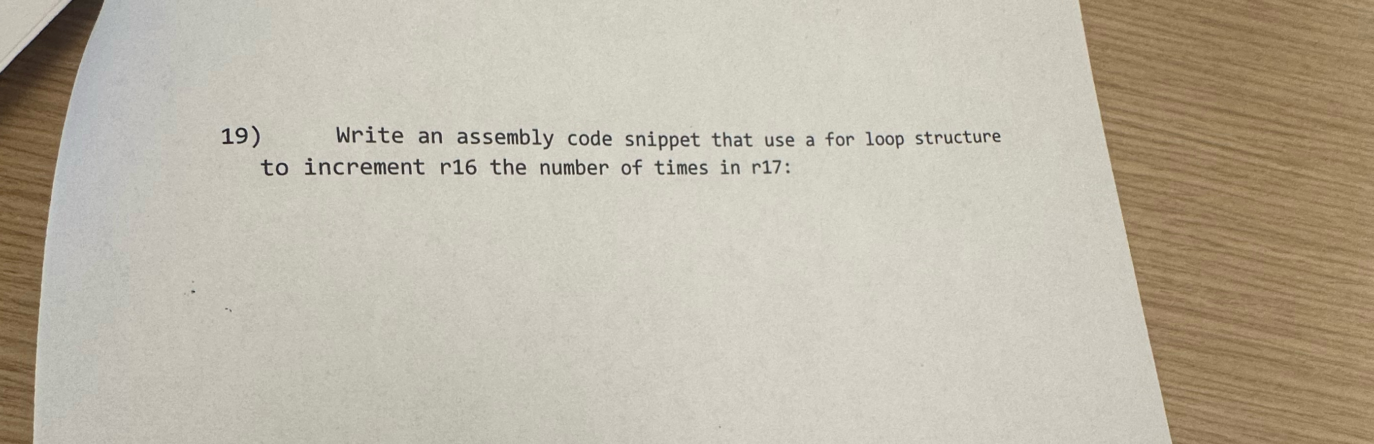 Write an assembly code snippet that use a for