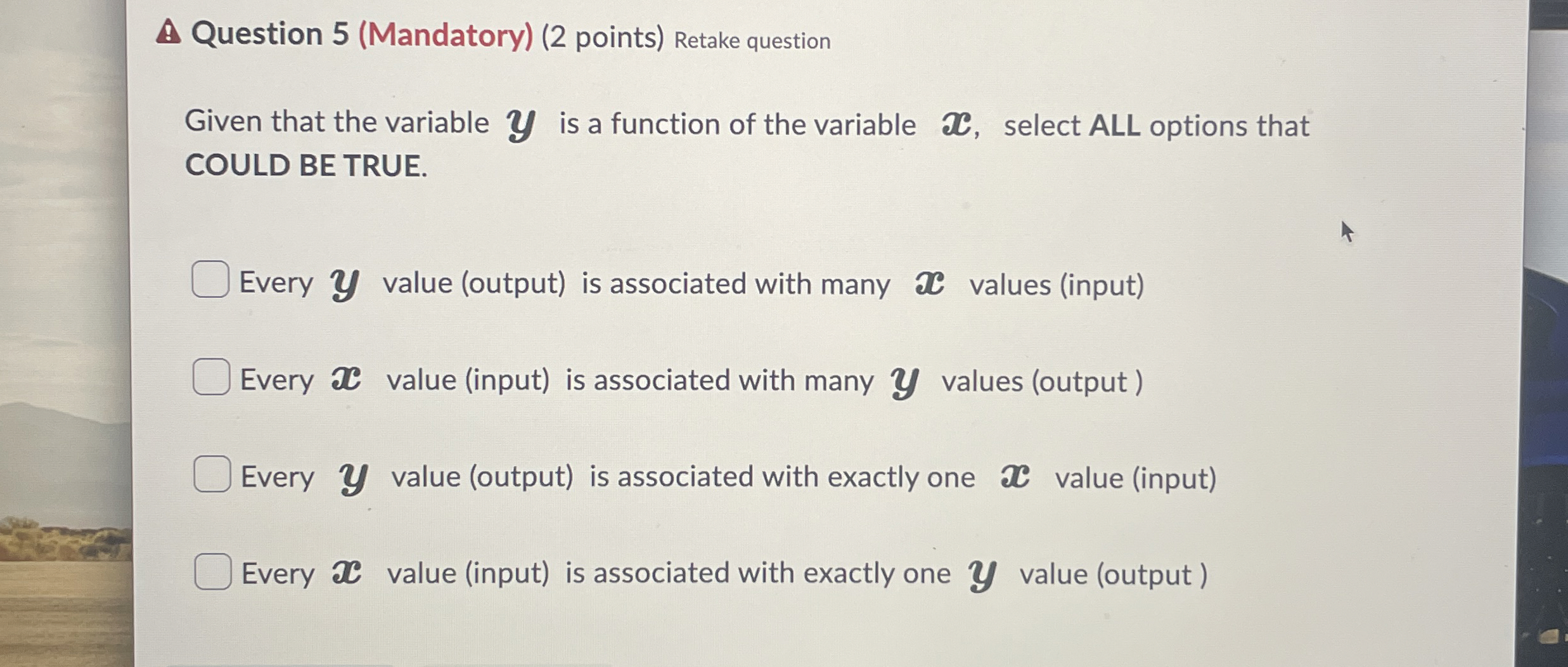 Question 5 ( Mandatory ) ( 2 points ) Retake