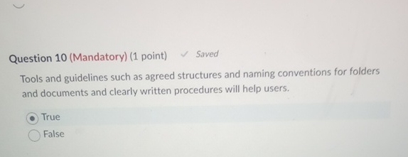 Question 1 0 ( Mandatory ) ( 1 point ) Saved