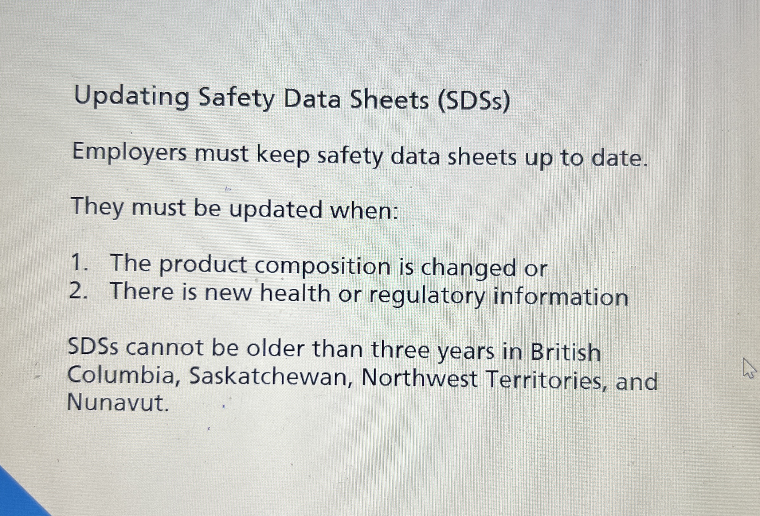 Updating Safety Data Sheets ( SDSs ) Employers