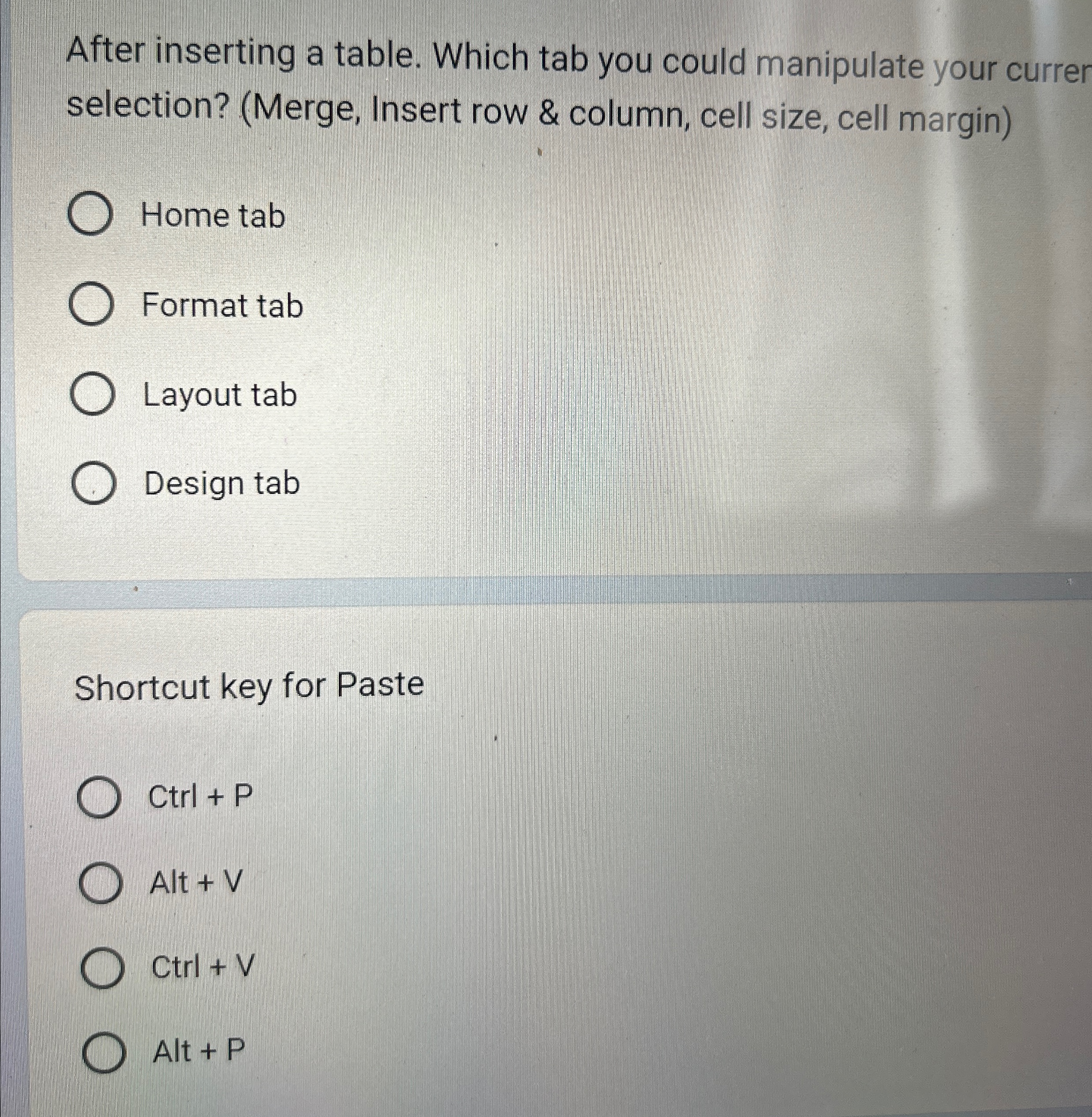 After inserting a table. Which tab you could