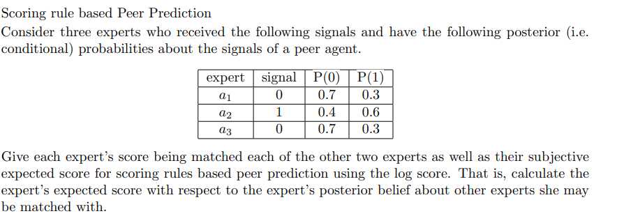 Scoring rule based Peer Prediction Consider three