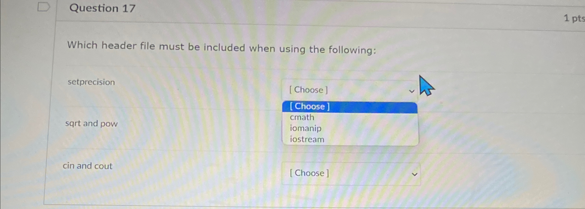 Question 1 7 1 p t s Which header file must be