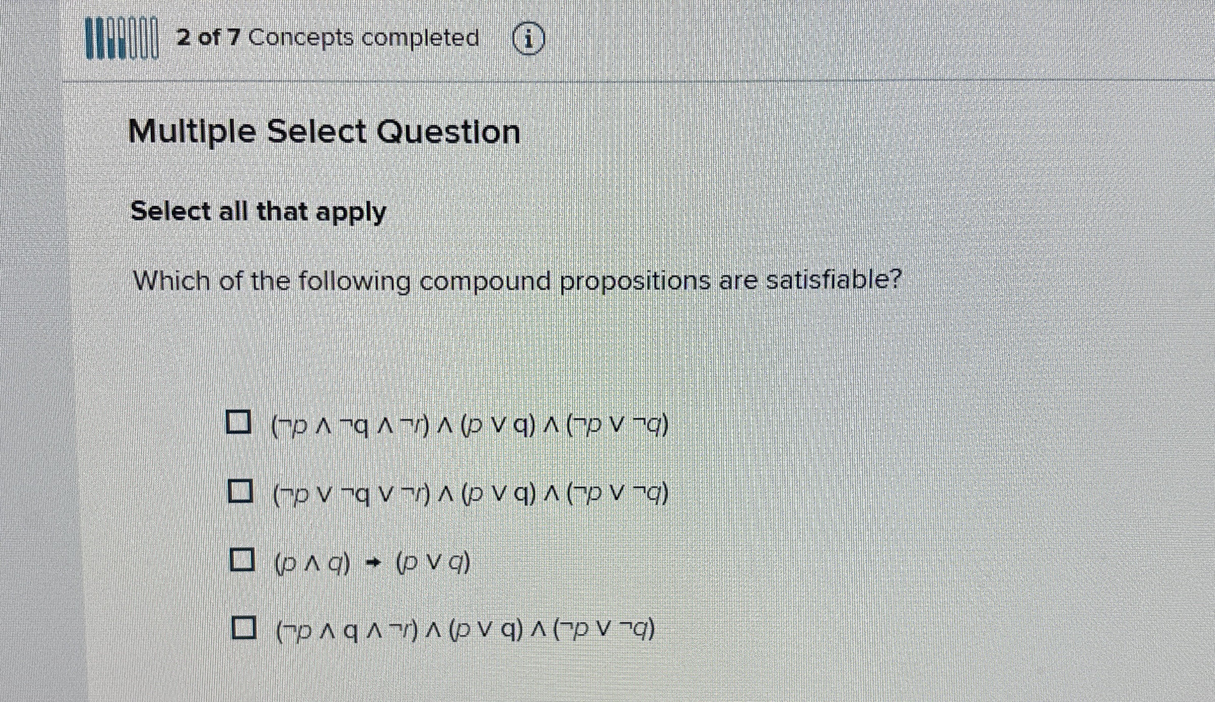 2 of 7 Concepts completed ( i ) Multiple Select
