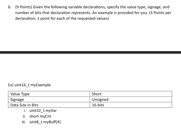 b . ( 9 Points ) Given the following variable