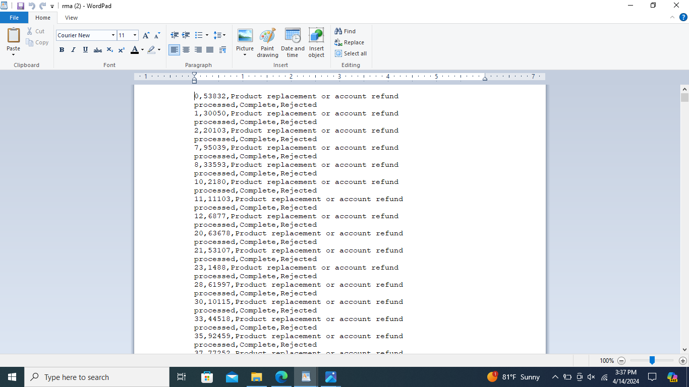 A table named RMA to store RMA information with a