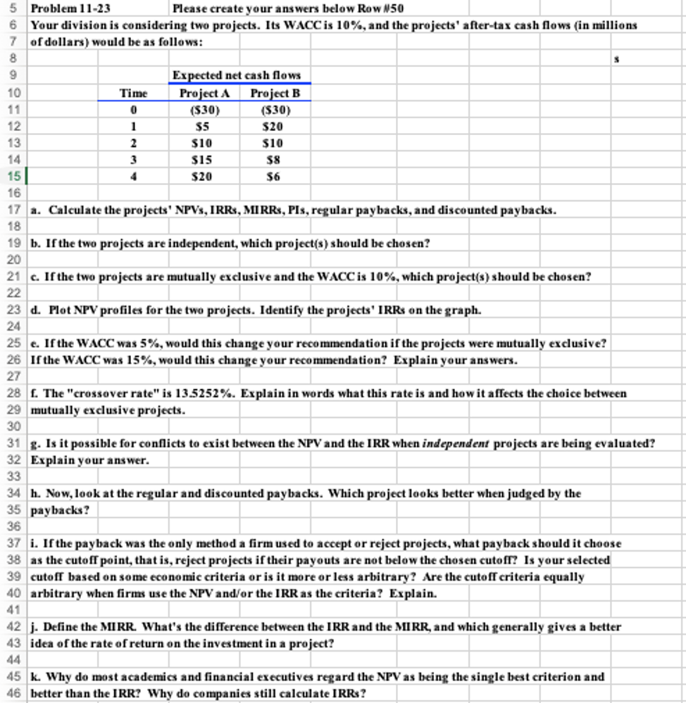 Problem 11-23 Please create your answers below