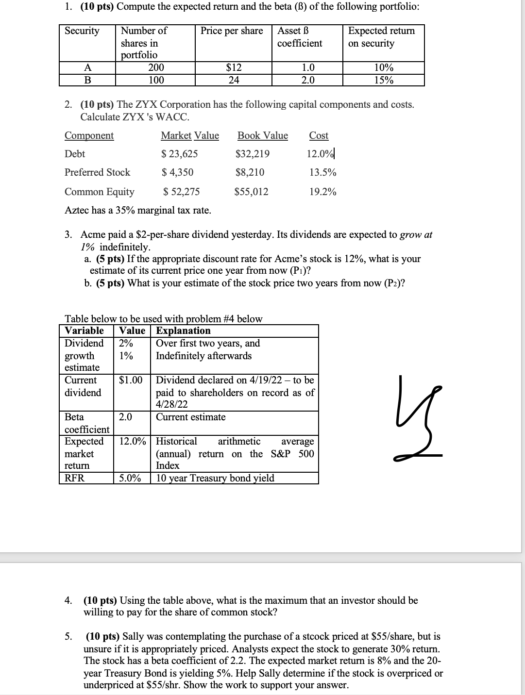 1. (10 pts) Compute the expected return and the