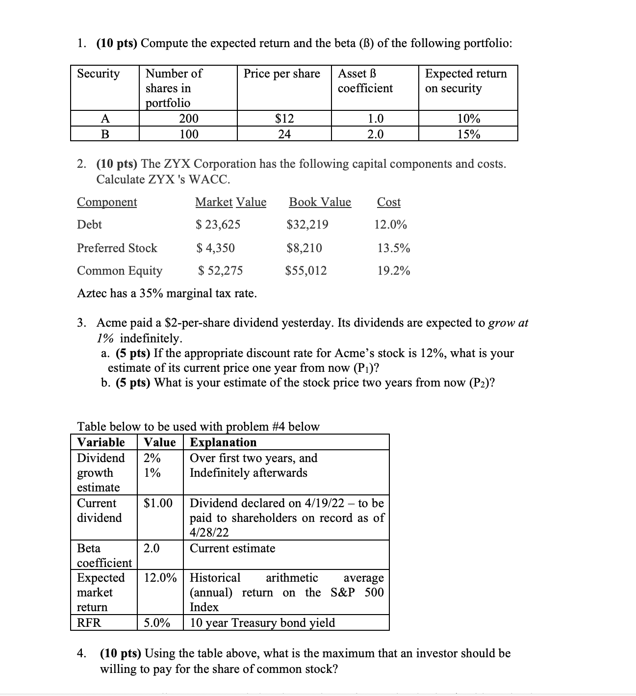 1. (10 pts) Compute the expected return and the