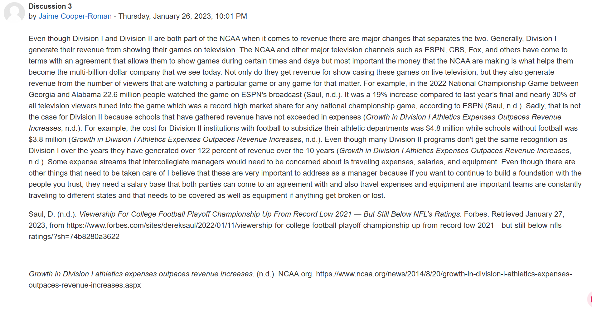 Discussion 3 by Jaime Cooper-Roman - Thursday,