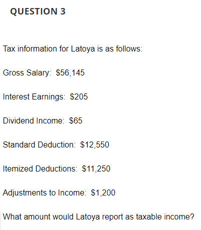 QUESTION 3 Tax information for Latoya is as
