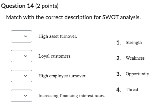 Question 14 (2 points) Match with the correct