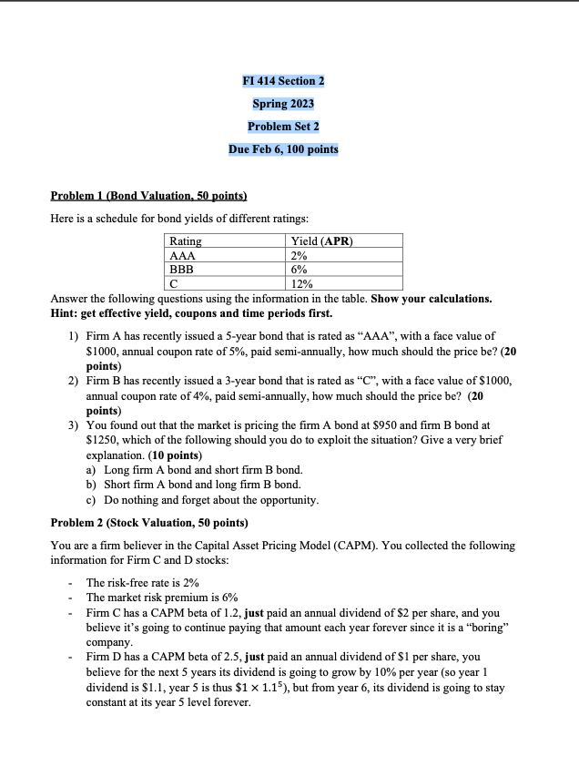 FI 414 Section 2 Spring 2023 Problem Set 2 Due
