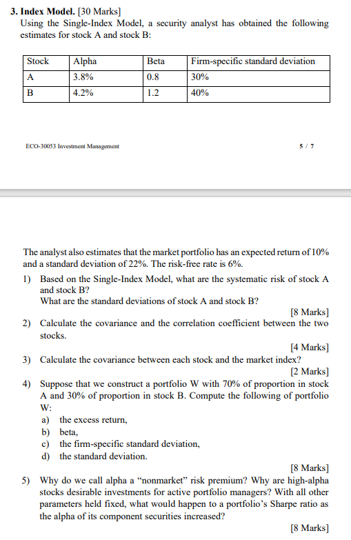 3. Index Model. [30 Marks] Using the Single-Index