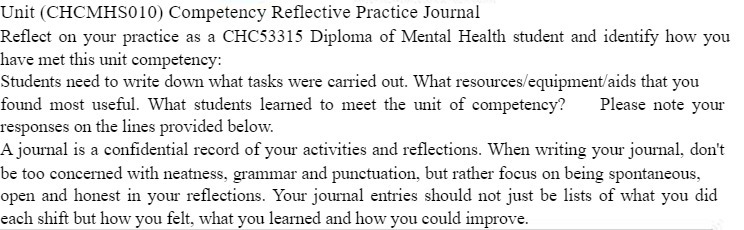 Unit (CHCMHS010) Competency Reflective Practice