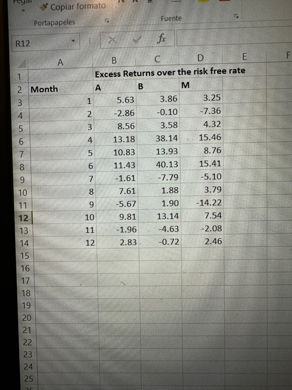 Using the return data on portfolios A and B